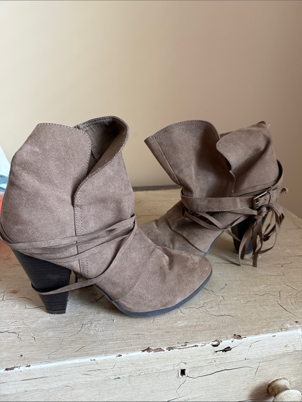 Qupid Taupe Suede Wrap-Strap Ankle Booties